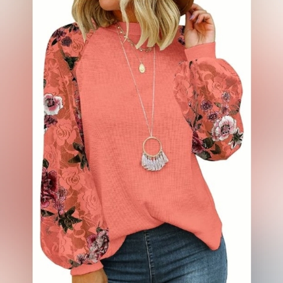 Miholl Tops - 3/$35 MIHOLL Floral Coral Long Sleeve Lace Lantern Loose Boho blouse